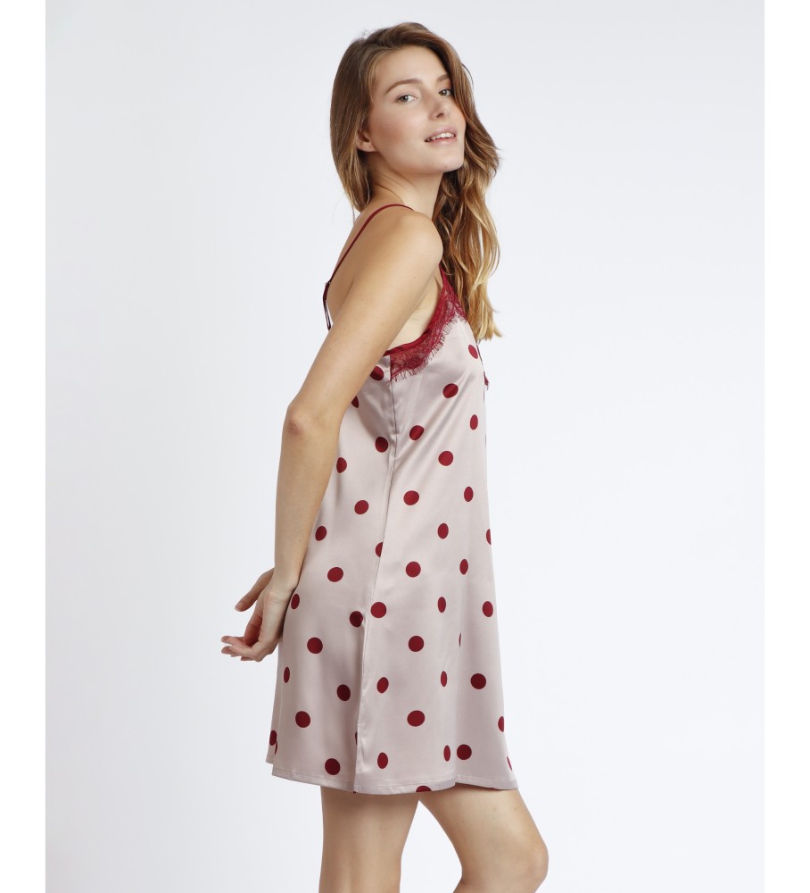 Camisola Admas com alças e estampa de bolinhas elegantes em bege e bordô.