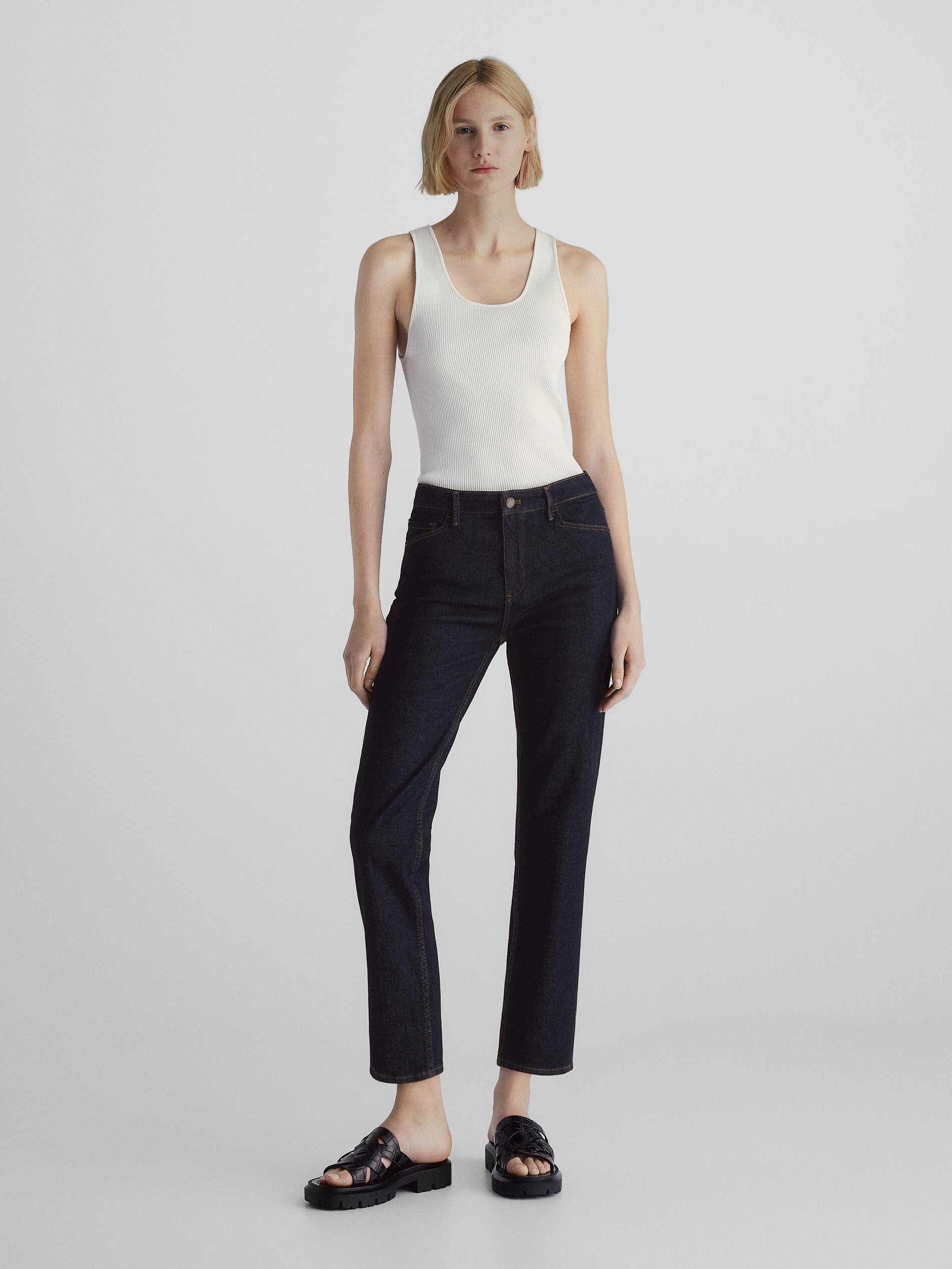 Calça cropped vaquero tiro medio slim - AZUL OSCURO