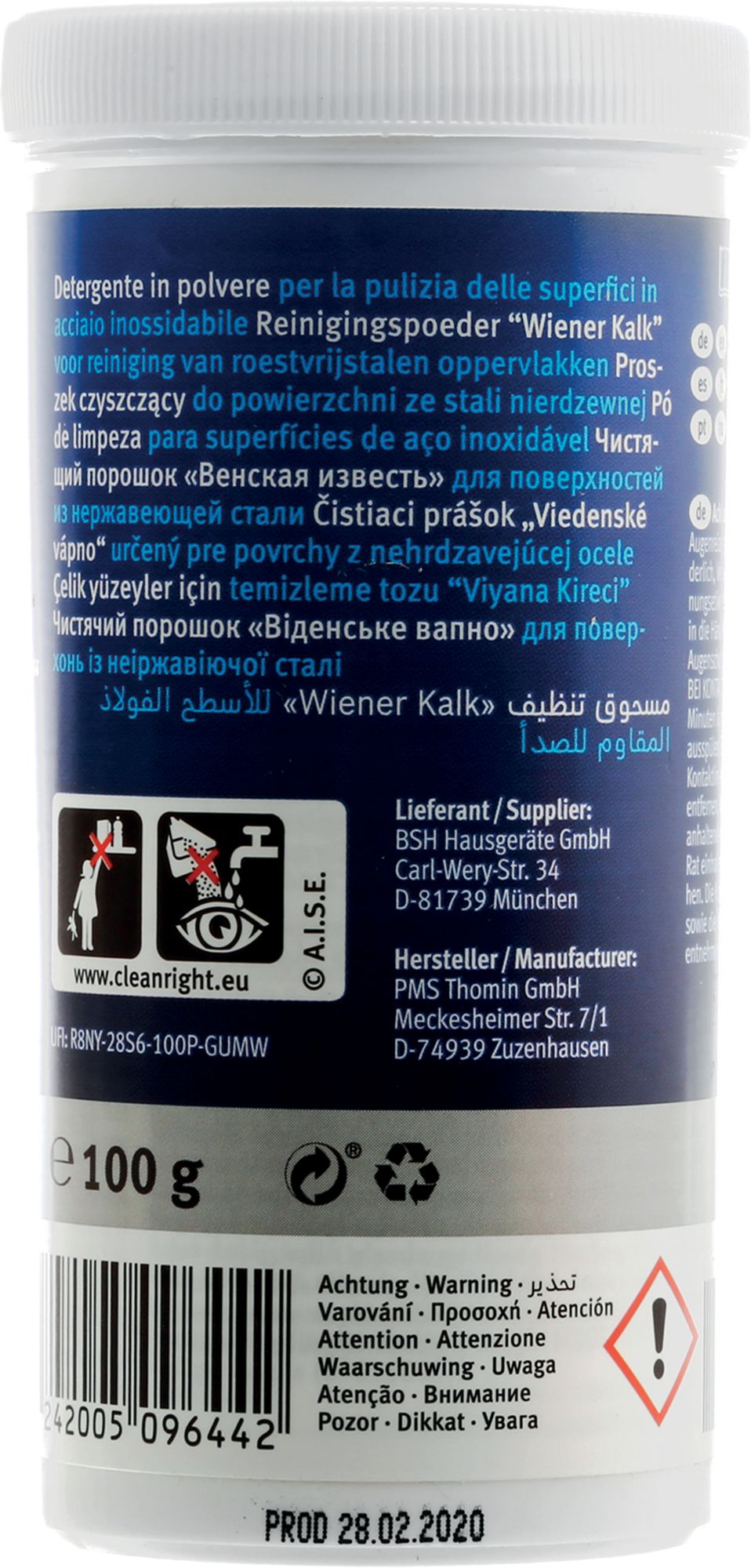 Produto de limpeza em pó para o cuidado do aço inoxidável 00311946