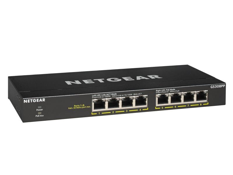 Netgear PoE  Switch GS308PP 8 Port Netgear 8-Port Gigabit Ethernet PoE  Unmanaged Switch (83W/123W) (GS308PP)