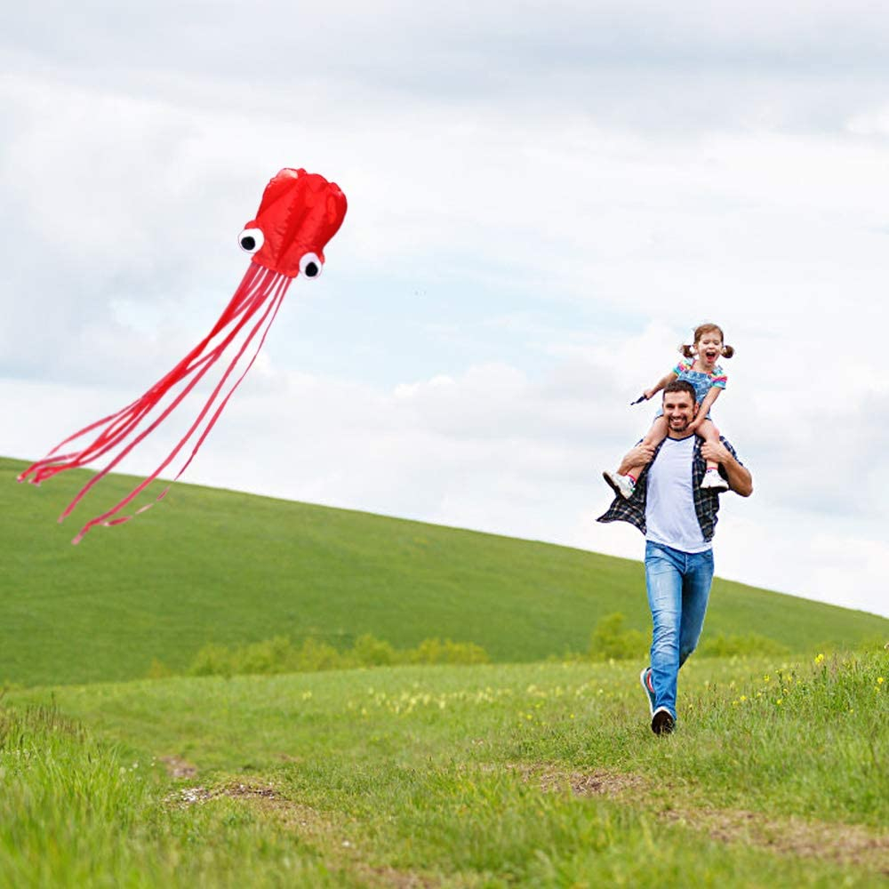 (72cm) Flug Drachen Herbst Spielzeug Outdoor Oktopus Flugspielzeug mit Regenbogen Streifenschwänze - Rot