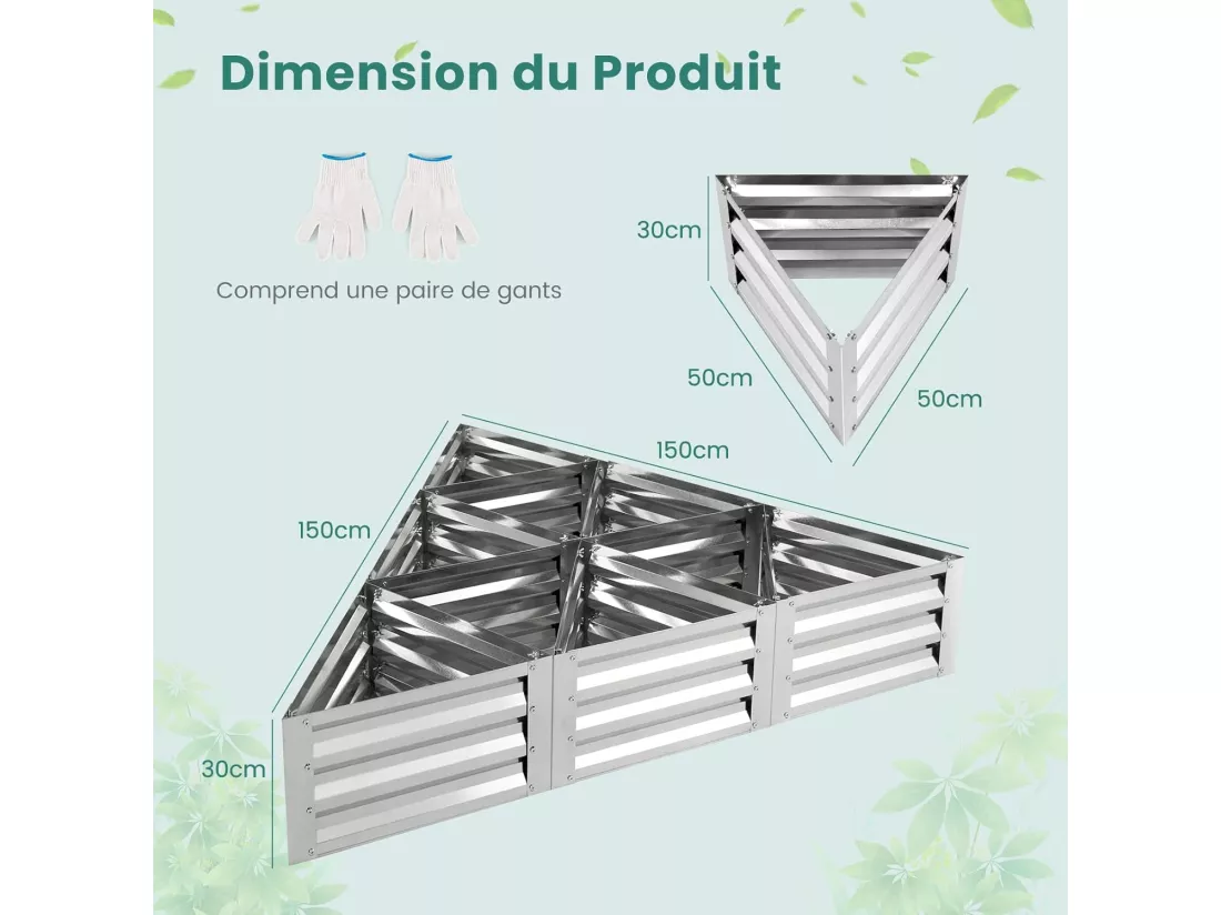 Jardinière Surélevée Triangulaire Galvanisée avec 6 Espaces 150x150x30 cm, Grand Lit de Jardin Résistant aux Intempéries pour Culture Fruits Légumes, pour Patio Balcon
