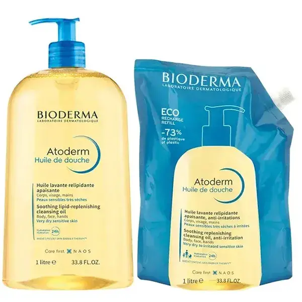 Óleo de Banho Suavizante Bioderma Atoderm para Pele Atópica Muito Seca (tamanho família e refil ecológico) 1L