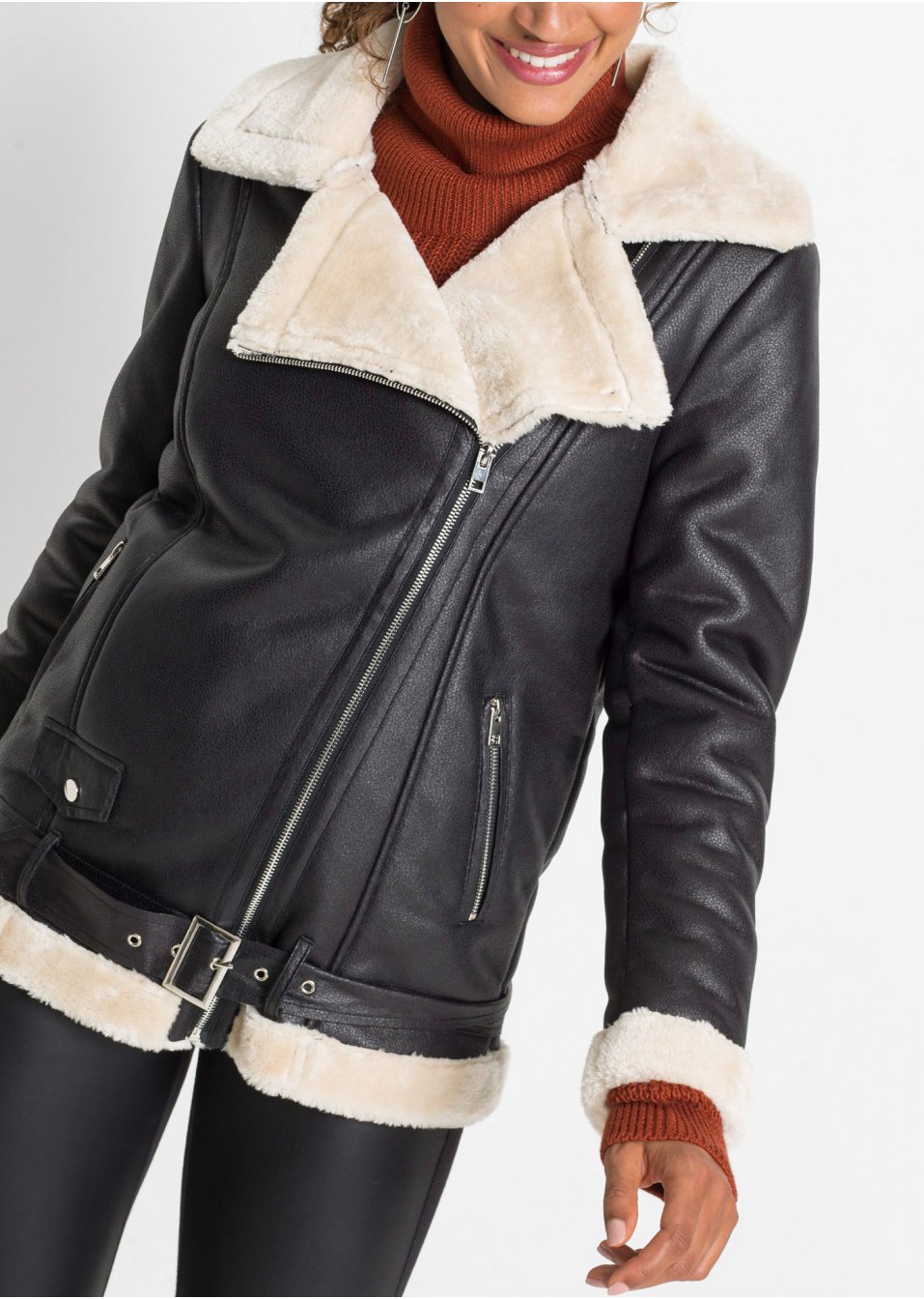 Veste biker longue avec doublure peluche