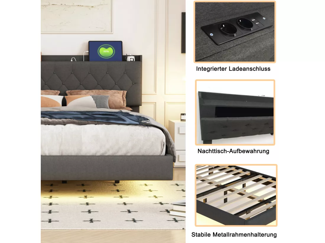 Lit double LED suspendu 160x200cm, en tissu de lin, avec sommier à lattes et tête de lit avec port de chargement USB, gris