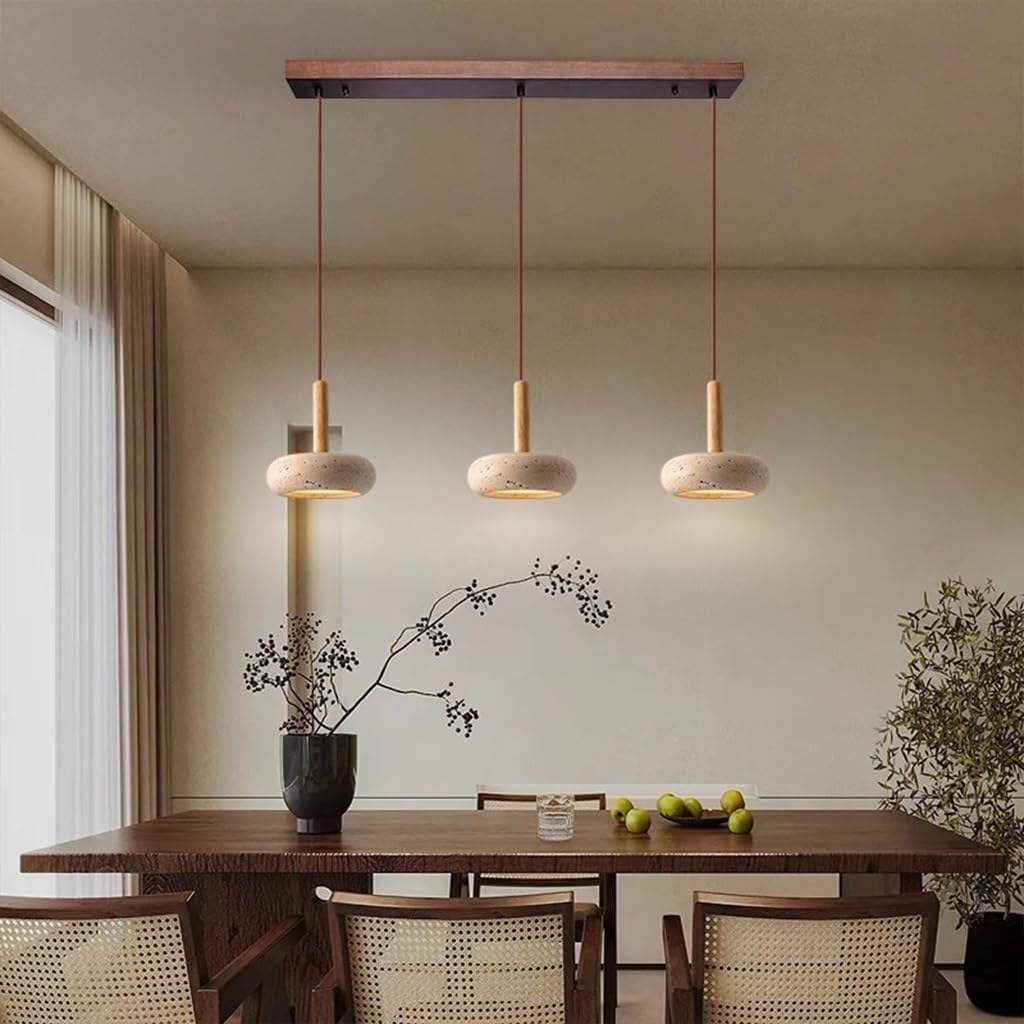 Wabi Sabi Pendelleuchte Gelbe Travertin Mit Rundem Naturstein Schirm Nordische Holz LED Hängelampe Verstellbare Schlinge Für Schlafzimmer Nachttischlampe Wohnzimmer Kücheninsel(Long)