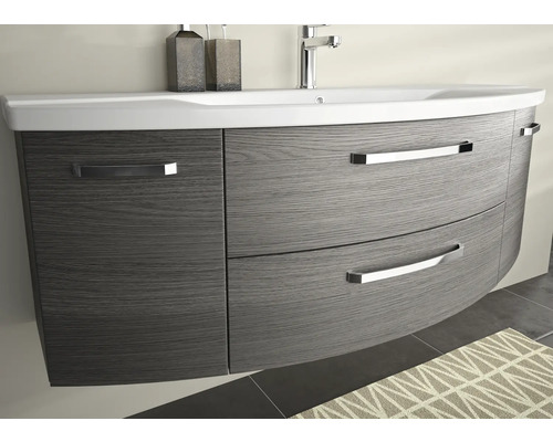 3-delige badkamermeubelset Pelipal xpressline 4010 BxHxD 144 x 200 x 49,5 cm, fronten in grafietstructuur (horizontaal patroon), met witte keramische wastafel en keramische badmeubel, wastafelkast, spiegelkast met LED-verlichting, chromen grepen, 401