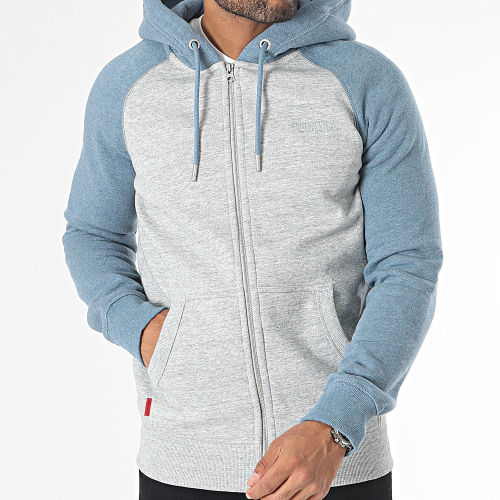 Sweat Zippé Capuche Essential Baseball Gris Chiné Bleu