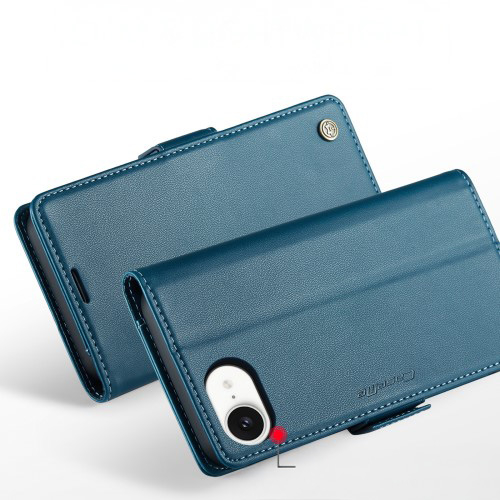 iPhone 16e Leder Tasche Flip Wallet Etui mit Kartenfächern Litchi Look (RFID Schutz) - Blaugrün
