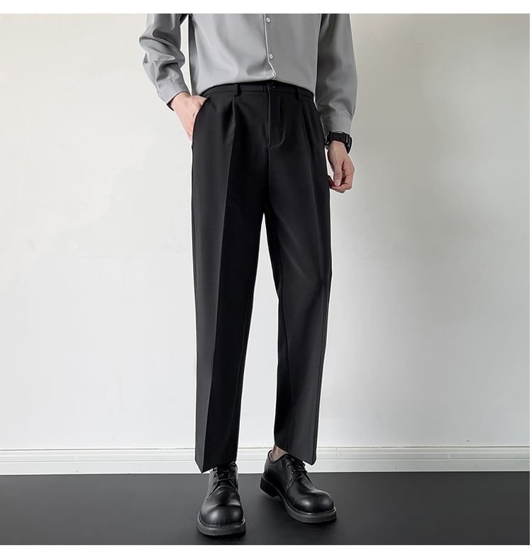Nightbell - Mid Rise Plain Cropped Straight Leg Dress Pants