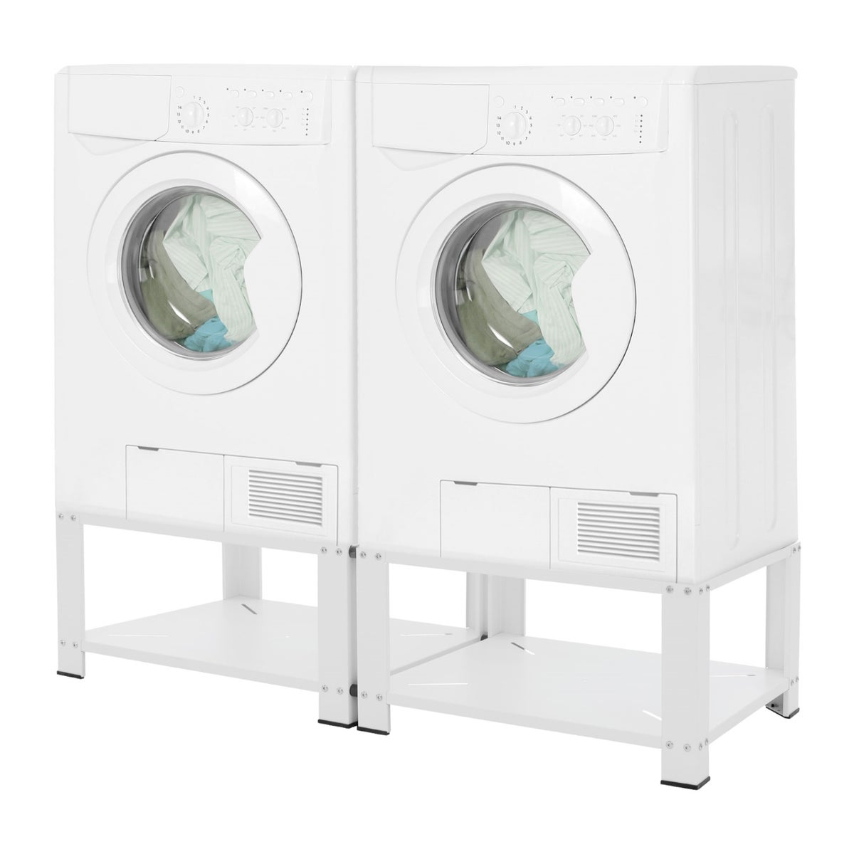 ML-Design Dubbele Wasmachine Onderstel met 2 Planken, Wit, 128x54 cm, Staal, 2x 150 kg, Stevige Dubbele Wasmachine Onderstel, 32 cm Hoog Platform, Verhoogde Onderkast, Dubbele Onderkast, Dubbel Platform