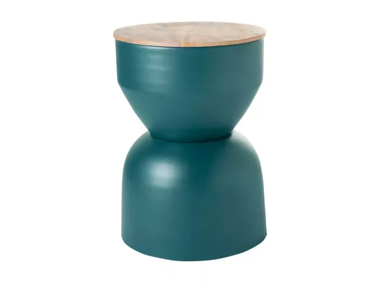 Table d'appoint ronde design avec rangement en métal bleu canard et bois manguier massif D30 cm YOYO