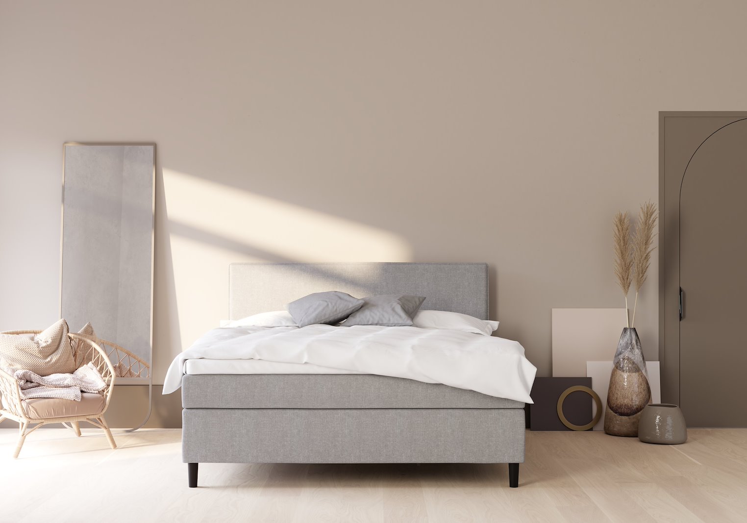 Sensitive 200 Kontinental 180x210 cm Tekstil Mica 15 Fast/Fast m/Premium hyperflex overmadrass og Round black ben 13cm, gavl selges separate.