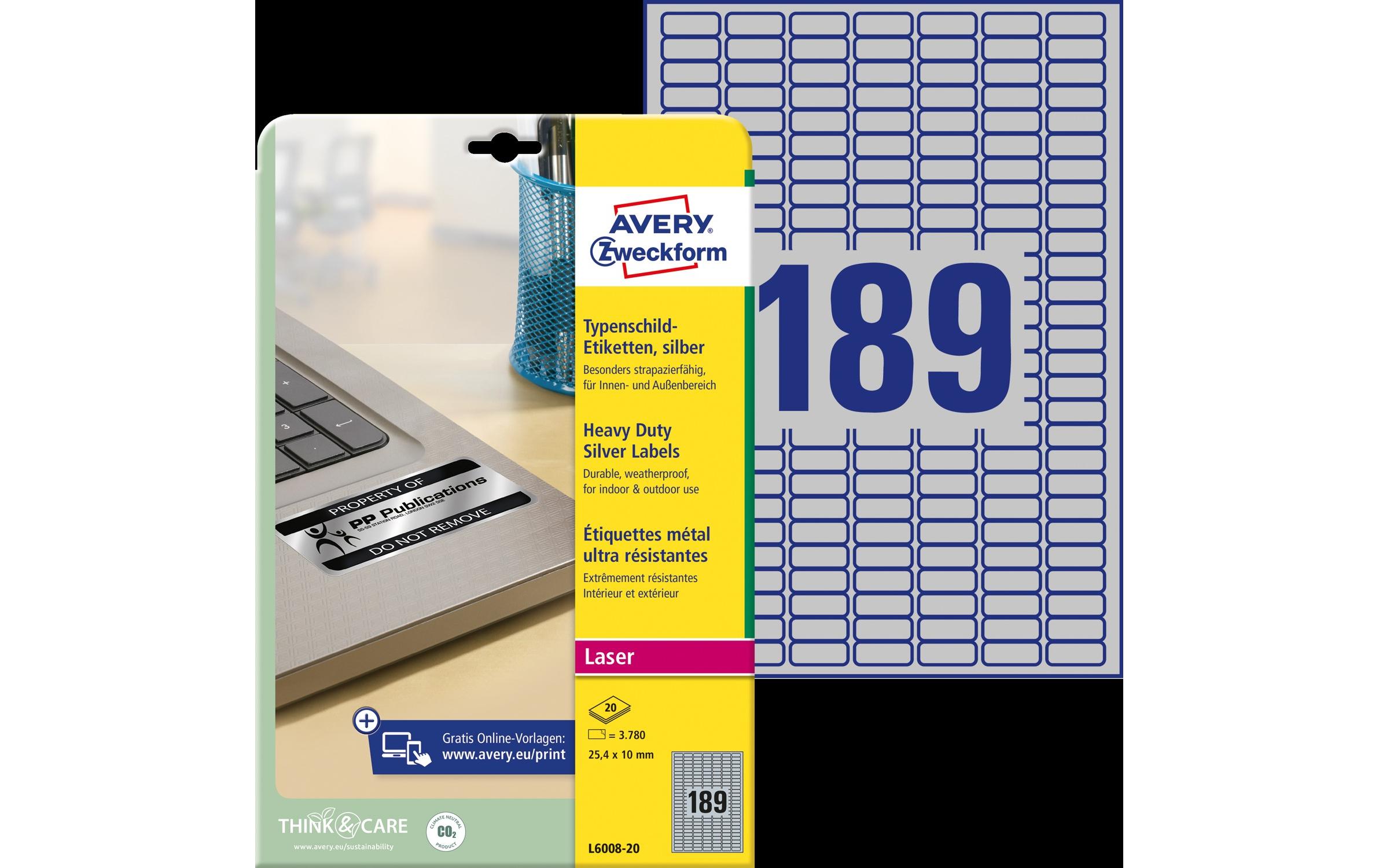 Typenschild-Etiketten L6008-20 25.4 x 10 mmSilberne Folien-Etiketten aus Polyester mit Metalloptik