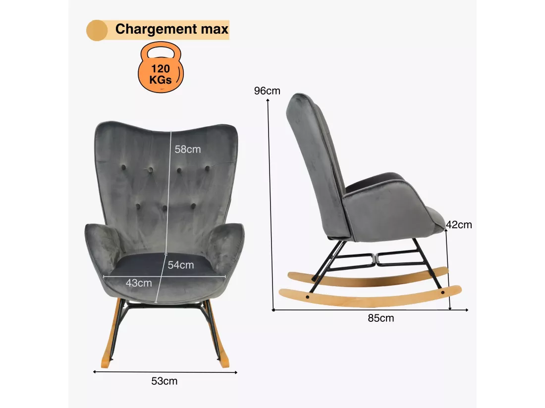 MEUBLES COSY Fauteuil à Bascule Allaitement Rocking Chair Scandinave Chaise Loisir Revêtement Pieds en Bois Massif pour Salon, Chambre, Le Balcon, Gris Velours