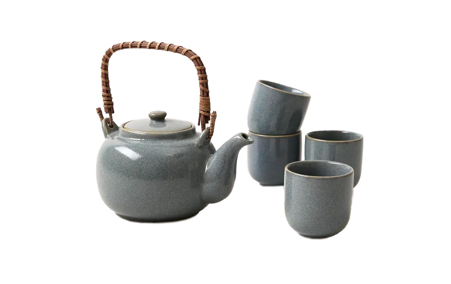 Tee-Set Japandi Krug & 4 Tassen 0.7 l, BlaugrauJapanisches Teeservice aus Keramik