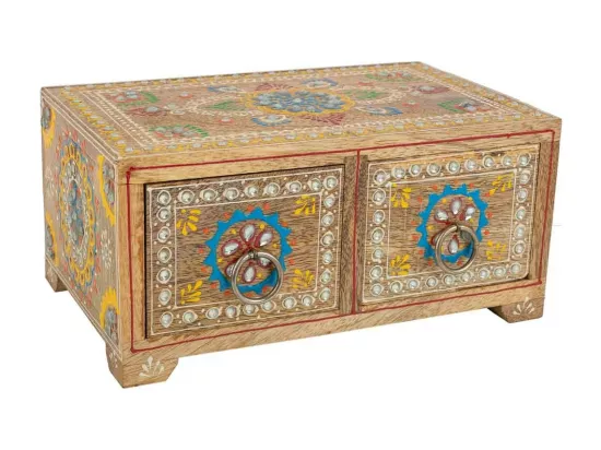 Boîte à bijoux en bois peint artisanal à 2 tiroirs marron 23x14x10h