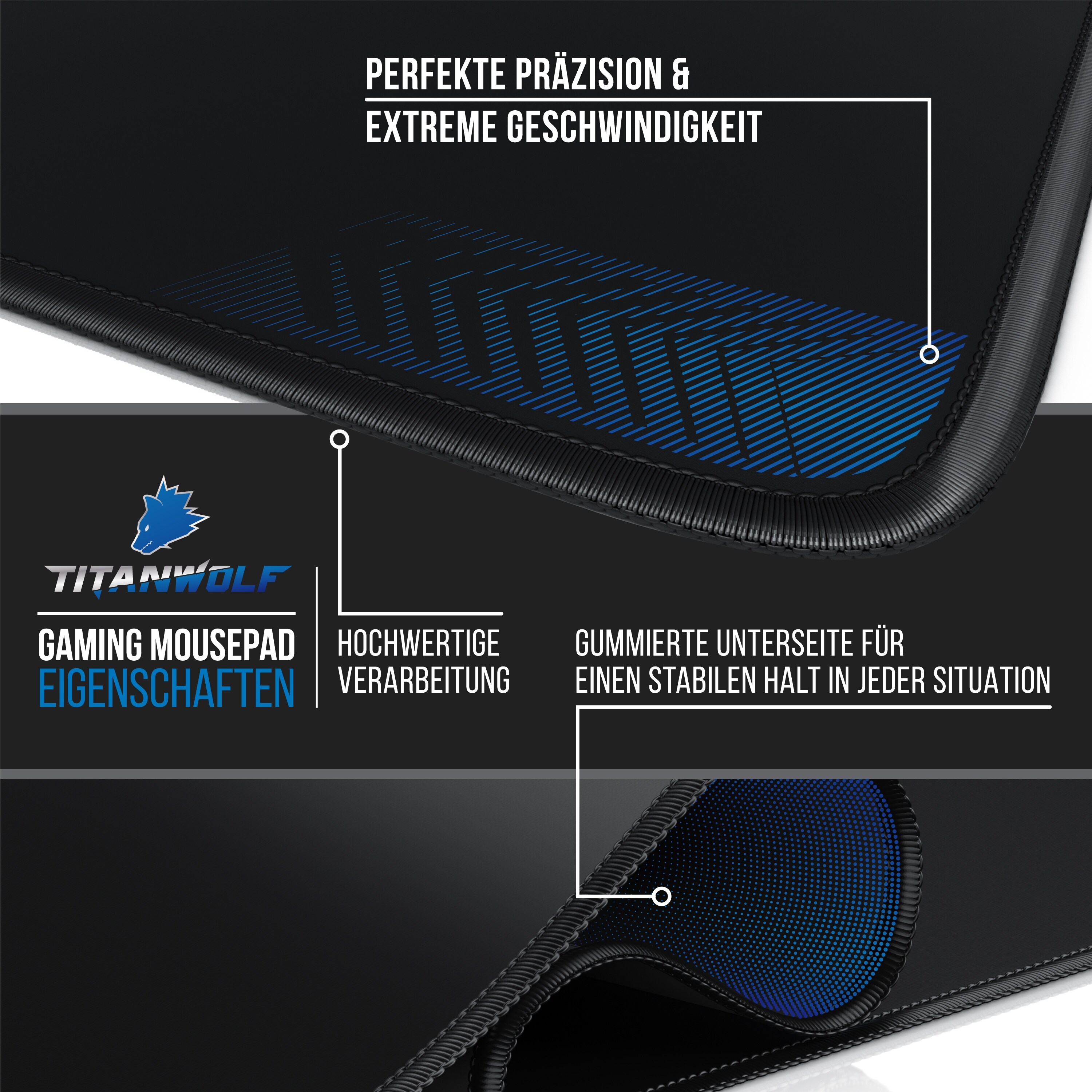 Titanwolf Gaming Mauspad, XXL Speed Gaming Mousepad / Extragroße Fläche von 900 x 400mm, schwarz