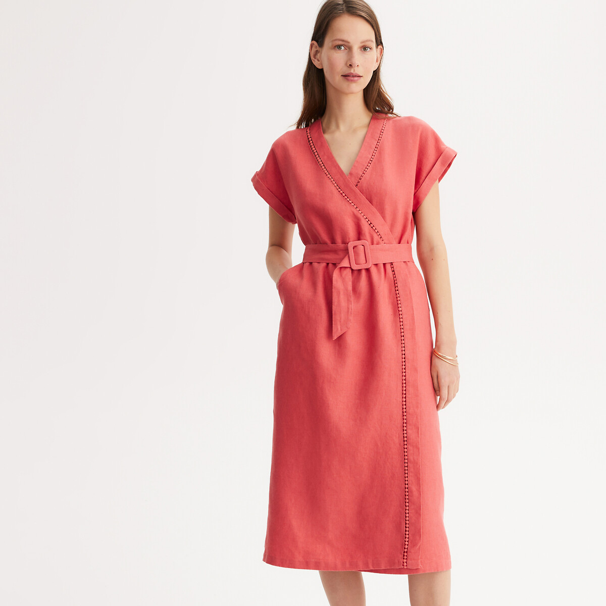ANNE WEYBURN<br>Vestido de linho à direita, comprimento midi, 3/4