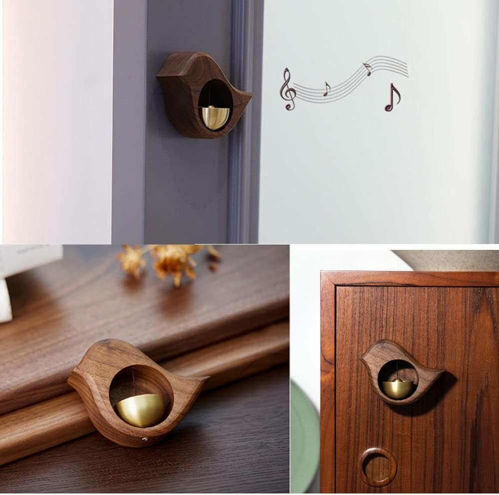 (95x87mm) Metall Glocke Eingangs Tür Klingel Deko Glockenspiel mit Magnetischem Holz Rahmen im Vogel Design - Braun / Gold