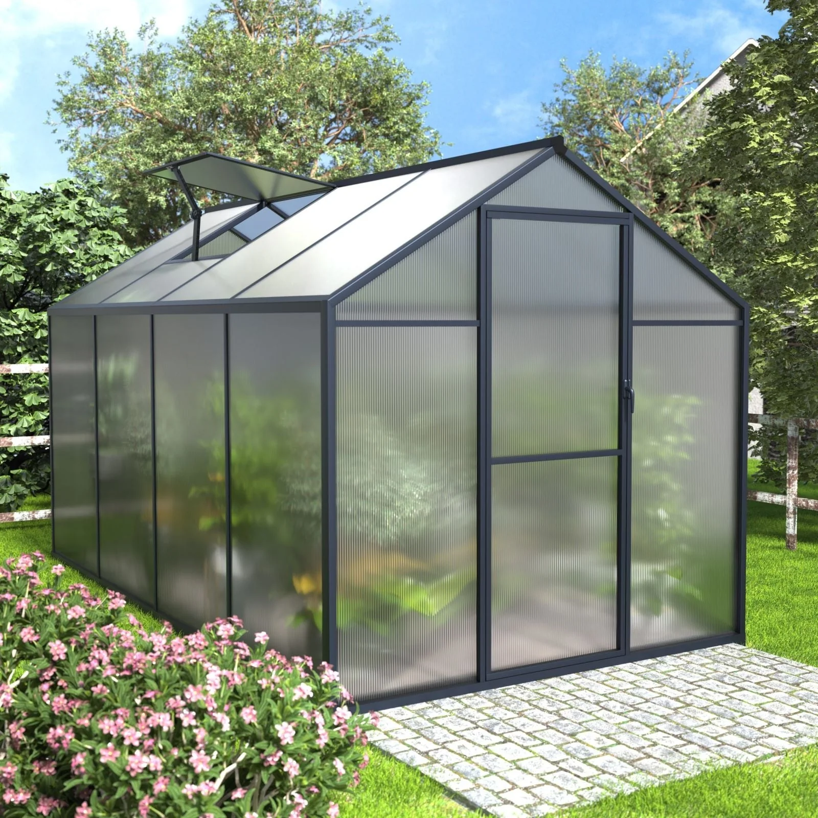 VEIKOUS Aluminum Walk-In Garden Greenhouse Kit with Adjustable Roof Vent and Lockable Door Grey