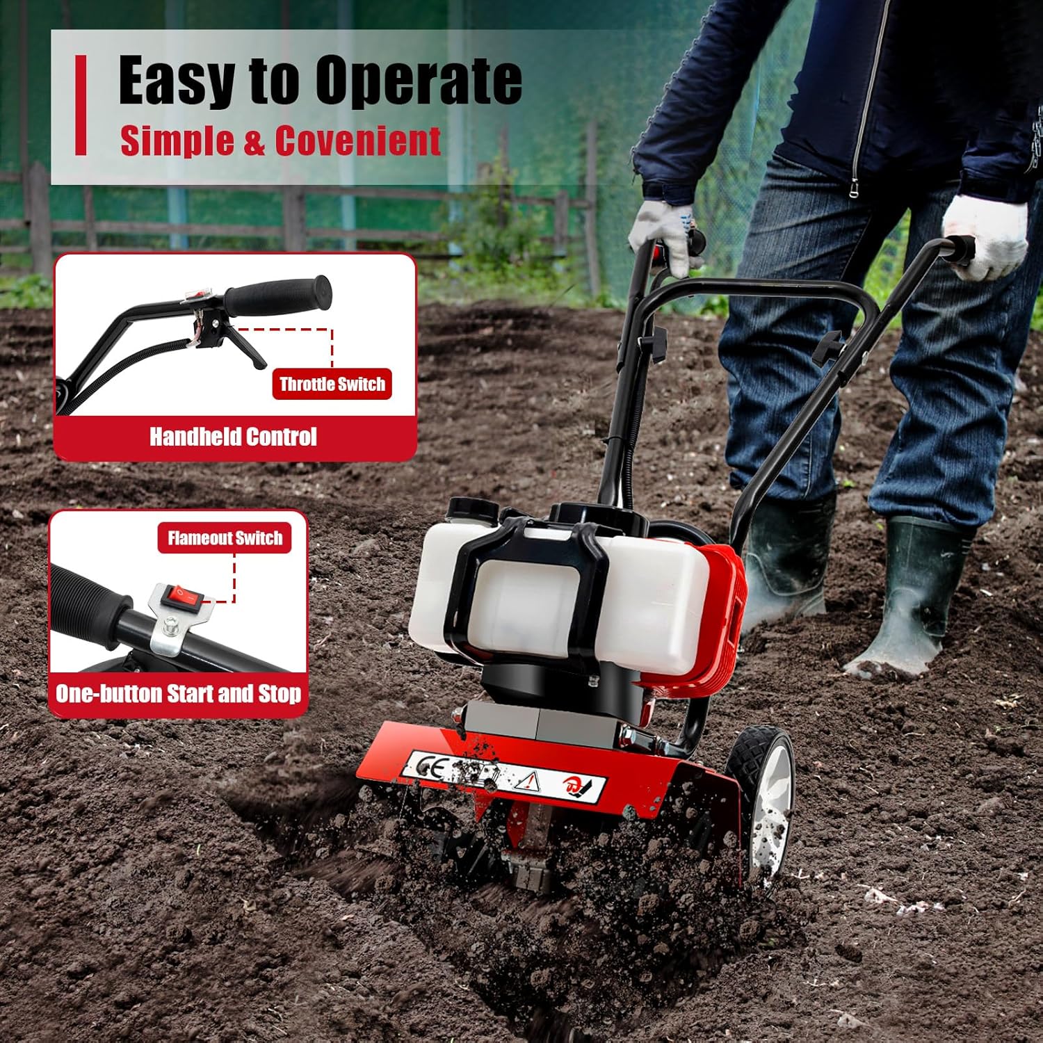 52CC 2-Takt Gartenfräse Motorhacke, 1.9KW Gartenfräse Benzin Kultivator Bodenhacke Bodenfräse Fräse, Benzin-Bodenbearbeitungsmaschine Motorhacke Radantrieb Ackerfräse Bodenfräse Kultivator