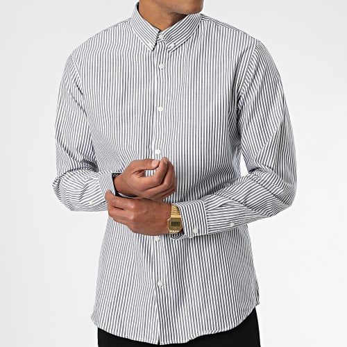 Chemise Manches Longues A Rayures Pinpoint Gris Blanc