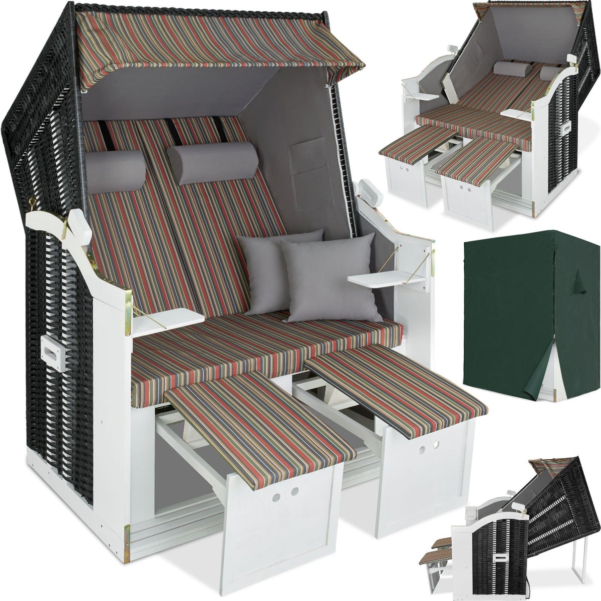 tectake Sylt gestoffeerde strandstoel met uitschuifbare voetensteun, 115 x 158 x 78 cm