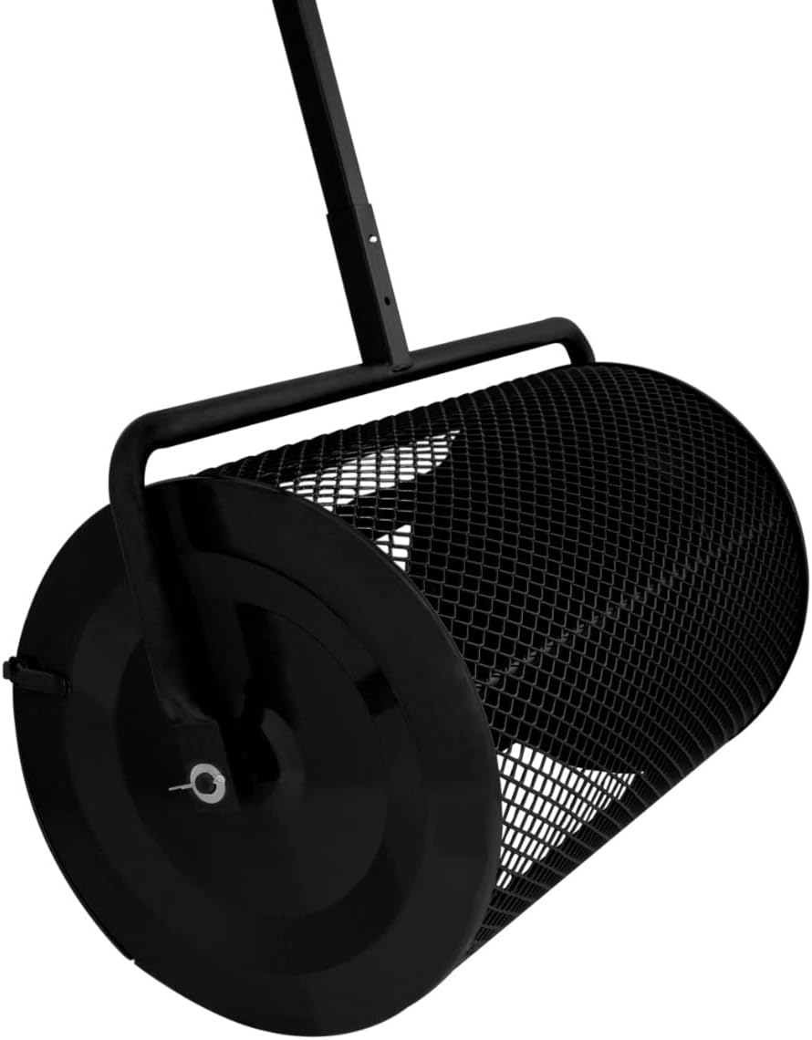 66cm Kompoststreuer Saatgutstreuer Schwarz Torfmoosstreuer Gartenstreuer Düngerstreuer Roller mit T Griff Garten Rasen Gras Stahl Verlängerbarer Griff 80L Maschenkorb Leichtgewichtig GRATIS Handschuhe
