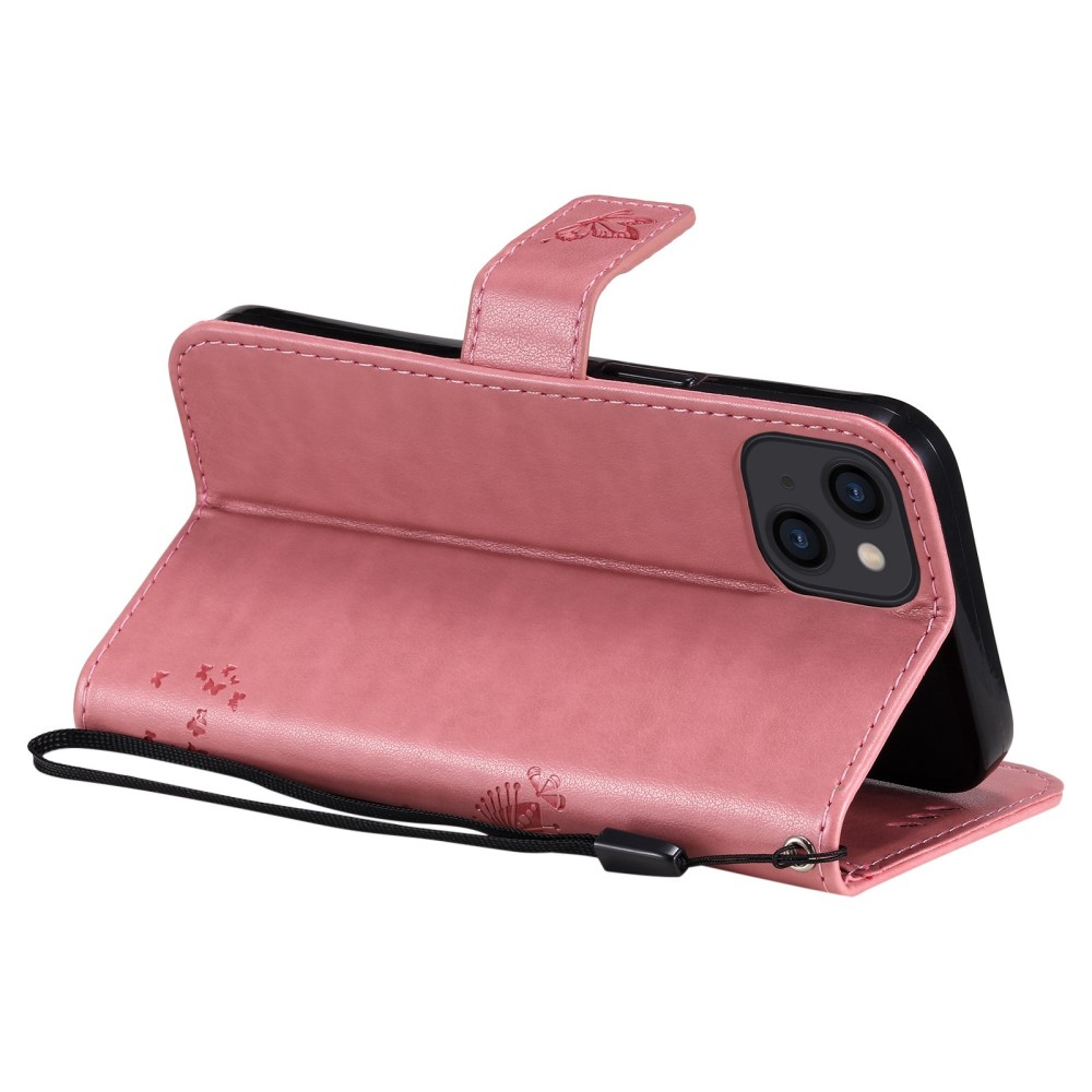 iPhone 14 Leder Tasche Flip Cover Baum Imprint - Rosa