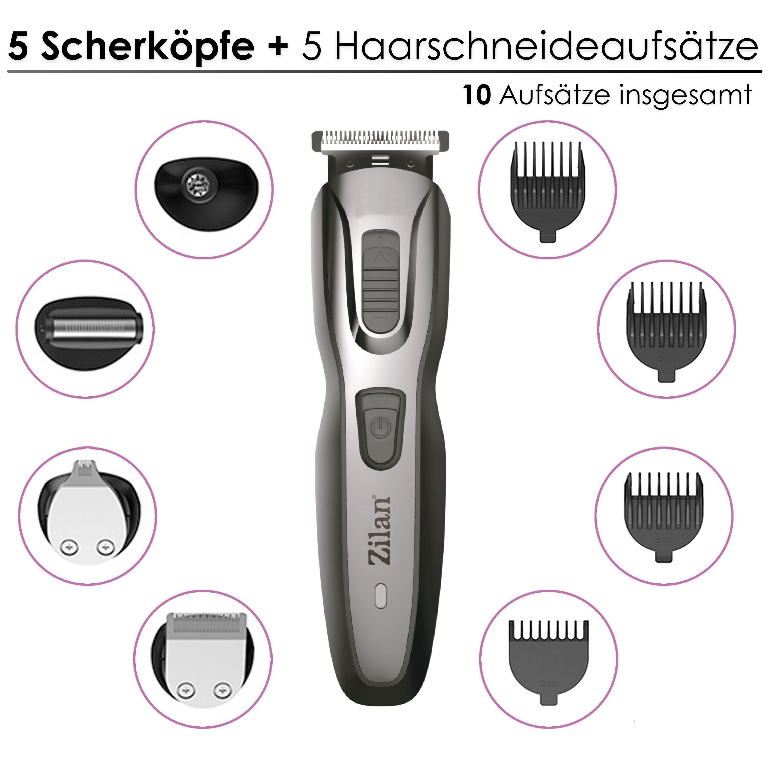 Zilan 5in1 Bartschneider Set 10 Aufsätze Akku oder Netzbetrieb