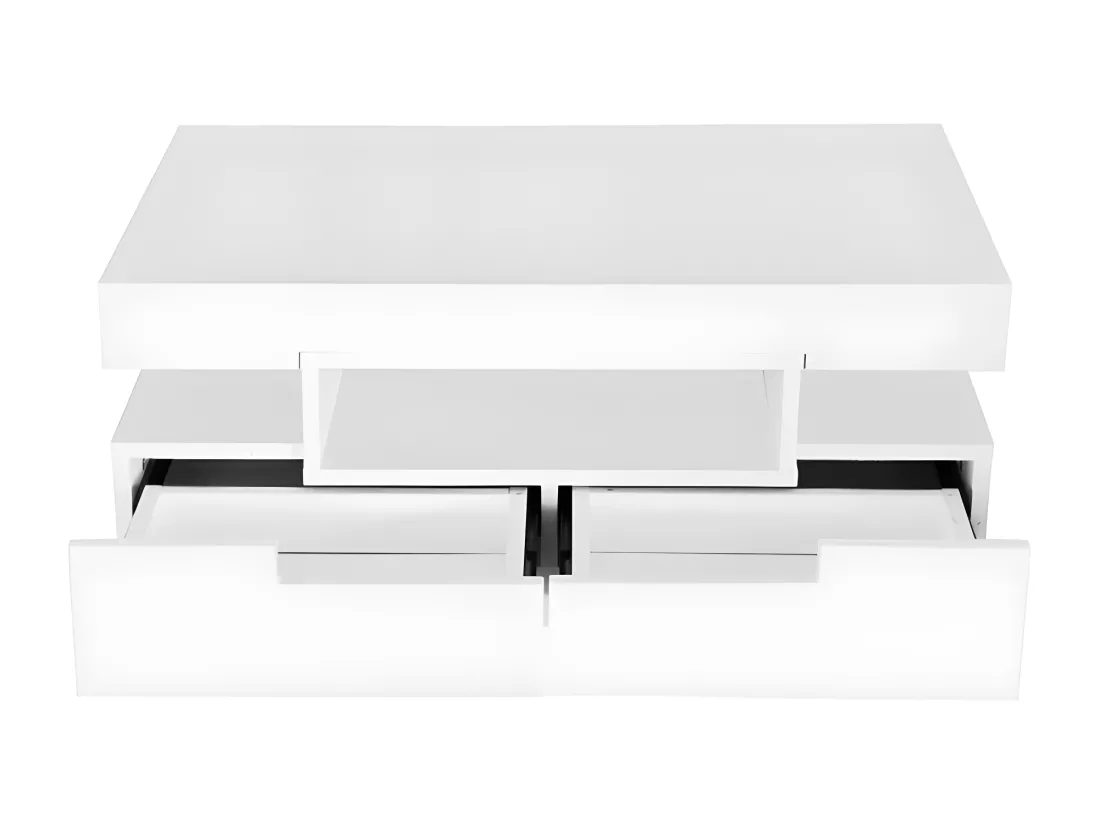 Table basse avec LED - finition brillante - 4 tiroirs avant et arrière - Blanc