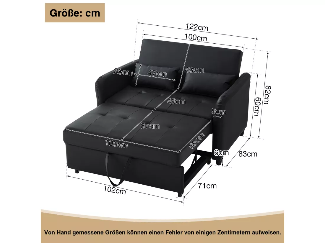 Canapé multifonctionnel 122x83x82cm - avec fonction couchage - canapé-lit double escamotable - dossier réglable sur 3 niveaux - matériau PU imperméable - noir