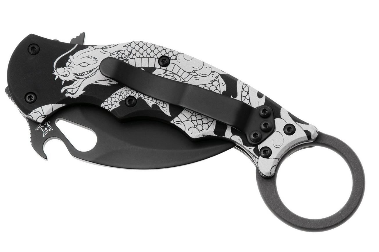 Fox FX-599 ALB-1 The Spirit, Black Idroglider Böhler N690Co, Engraved Aluminum, karambitmes