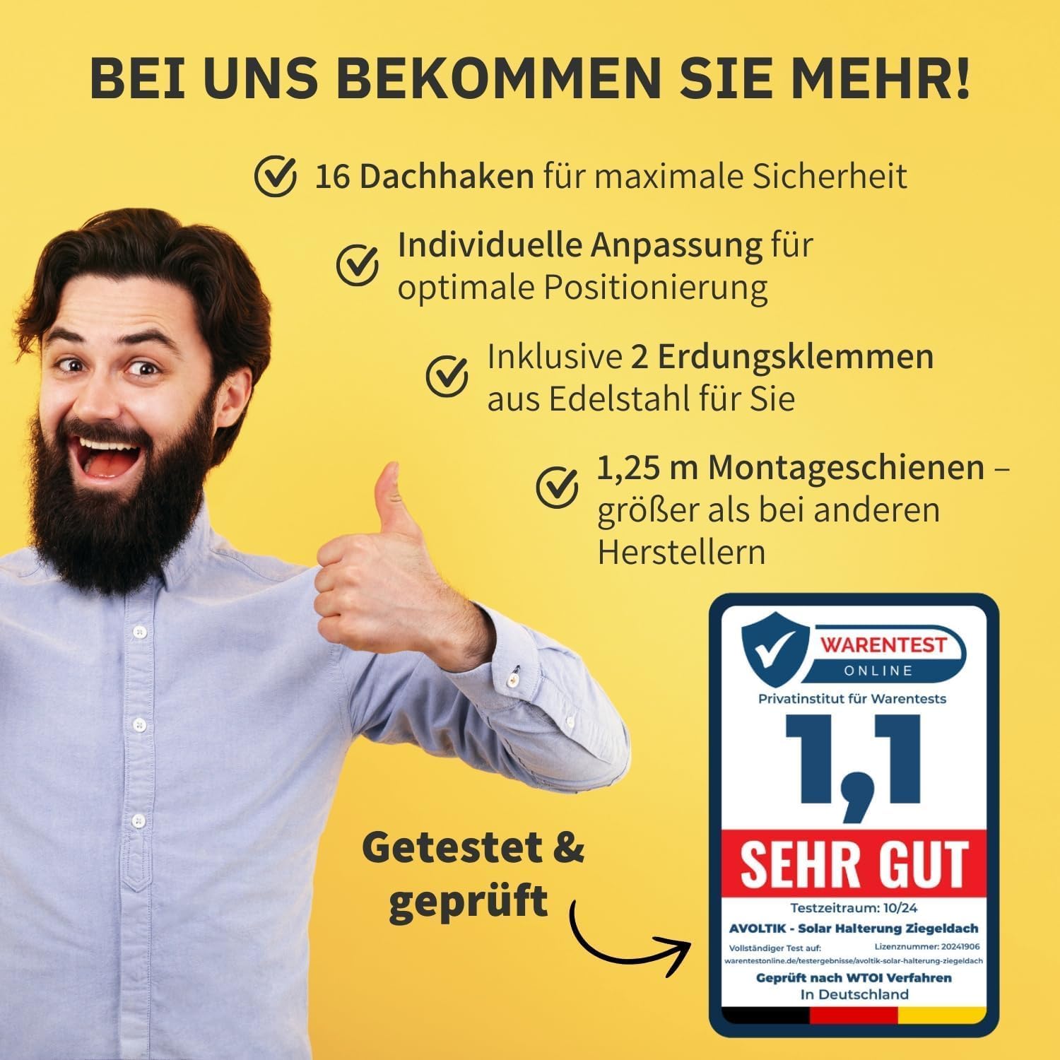 Solar Halterung Ziegeldach I Set für 4 PV Module 30-45mm I Solarmodul Halterung Balkonkraftwerk I Solarmodulbefestigungsset für Ziegeldächer aus Edelstahl 1.4301 I PV-Halterung Montageset
