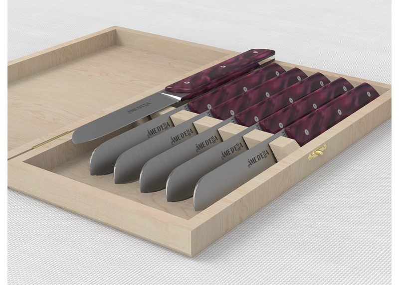 Service de 6 couteaux de table avec un manche en Madreperlato Pourpre et lame en acier inoxidable