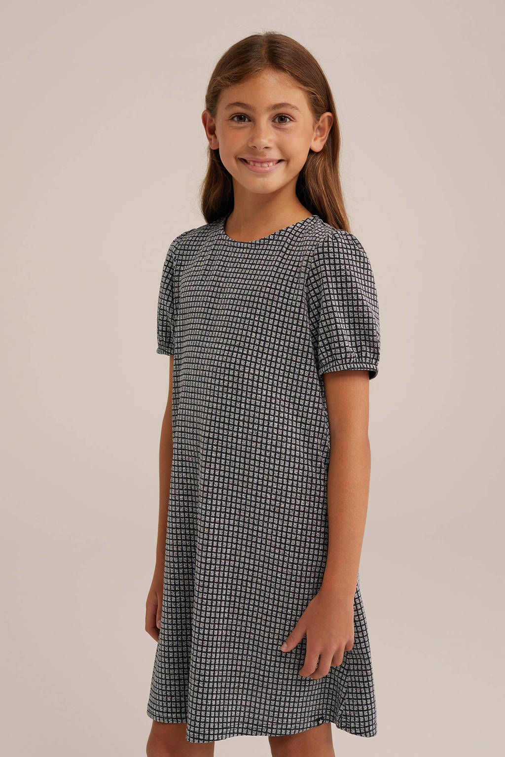 WE Fashion jurk met all over print en glitters zwart/zilver