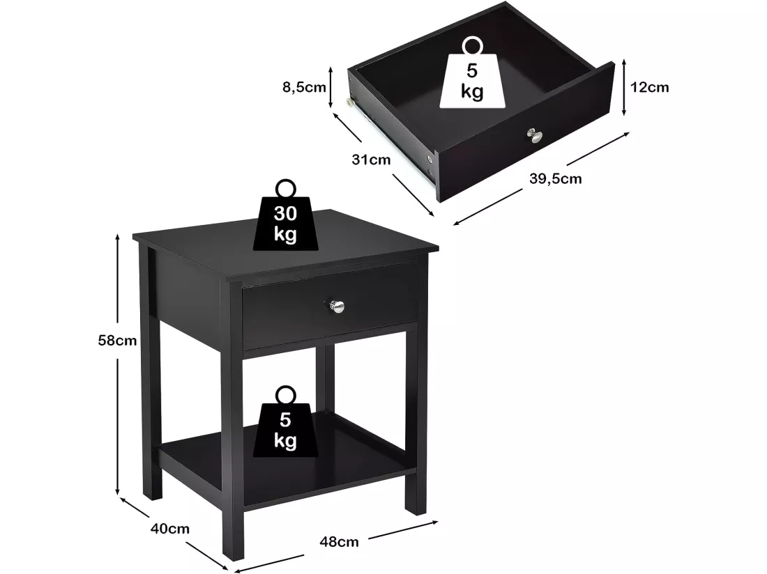 Table de Chevet à 2 Niveaux Style Moderne Simple 48 x 40 x 58 CM Noir