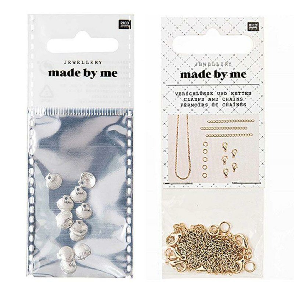 12 mini perles coquillages argentées + fermoirs épais et chaînes dorés