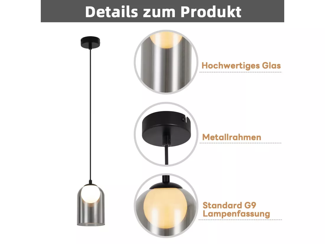 Lampe à Suspension 1er Vintage Pour Table à Manger Gris Fumé G9, Ovale Hauteur Réglable