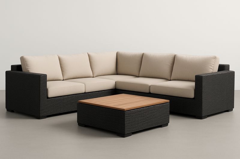 Gartenmöbel-Set Ecksofa aus Polyrattan mit Couchtisch Teakholz Beige/S