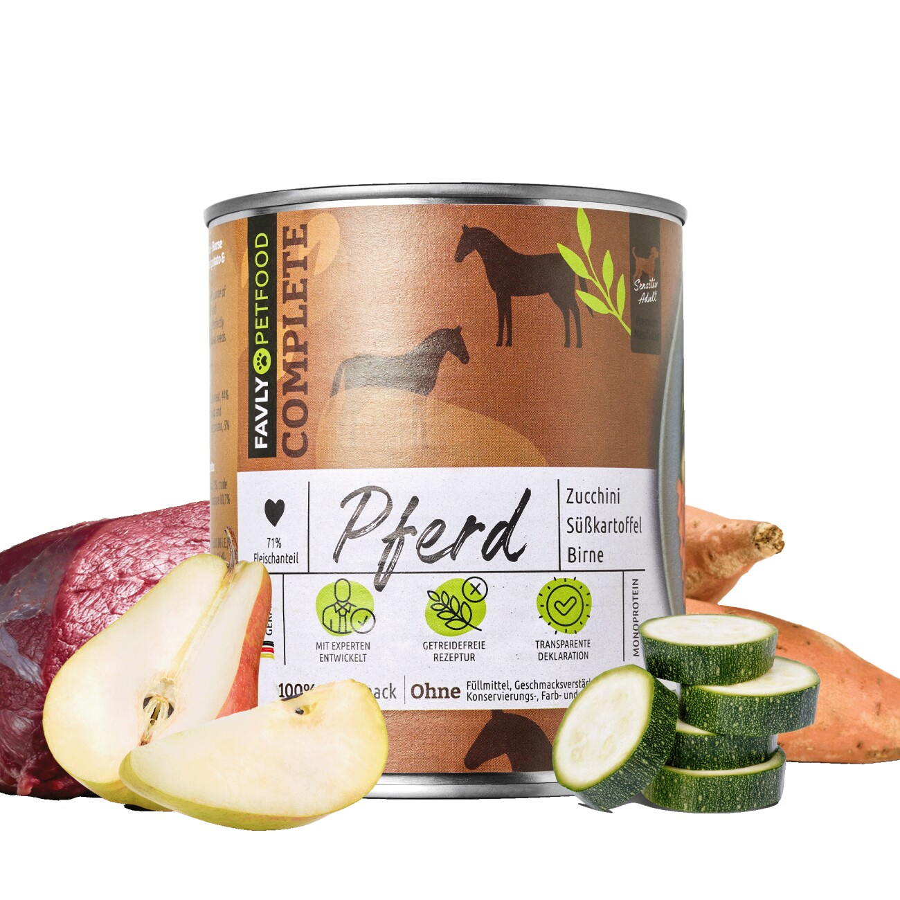 FAVLY Petfood Nassfutter Pferd mit Zucchini, Süßkartoffel & Birne 6x800 g