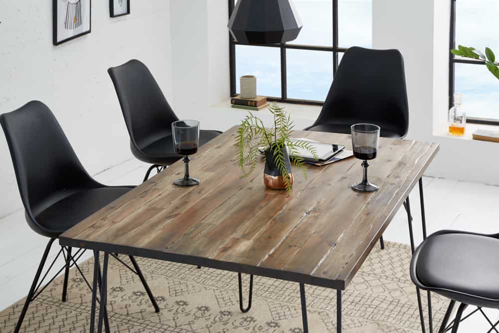 Massivholz Esstisch SCORPION 120cm braun Akazie schwarze Metallbeine Hairpin Legs Retro