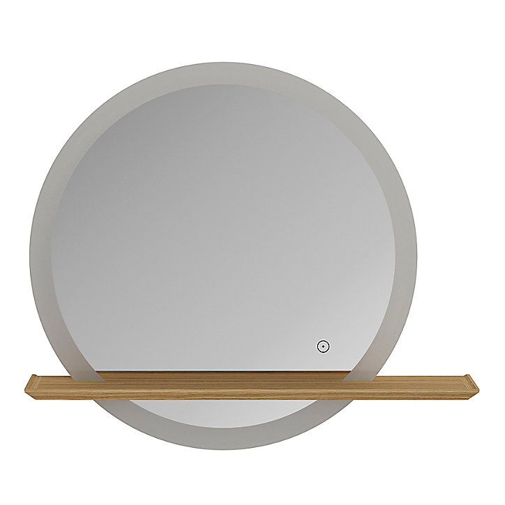 Miroir de salle de bains lumineux LED rond avec tablette bois, GoodHome Avela