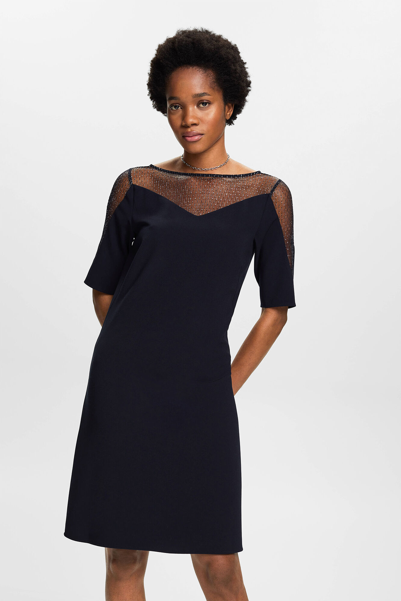 Vestido curto de cor única em material reciclado - Azul marinho