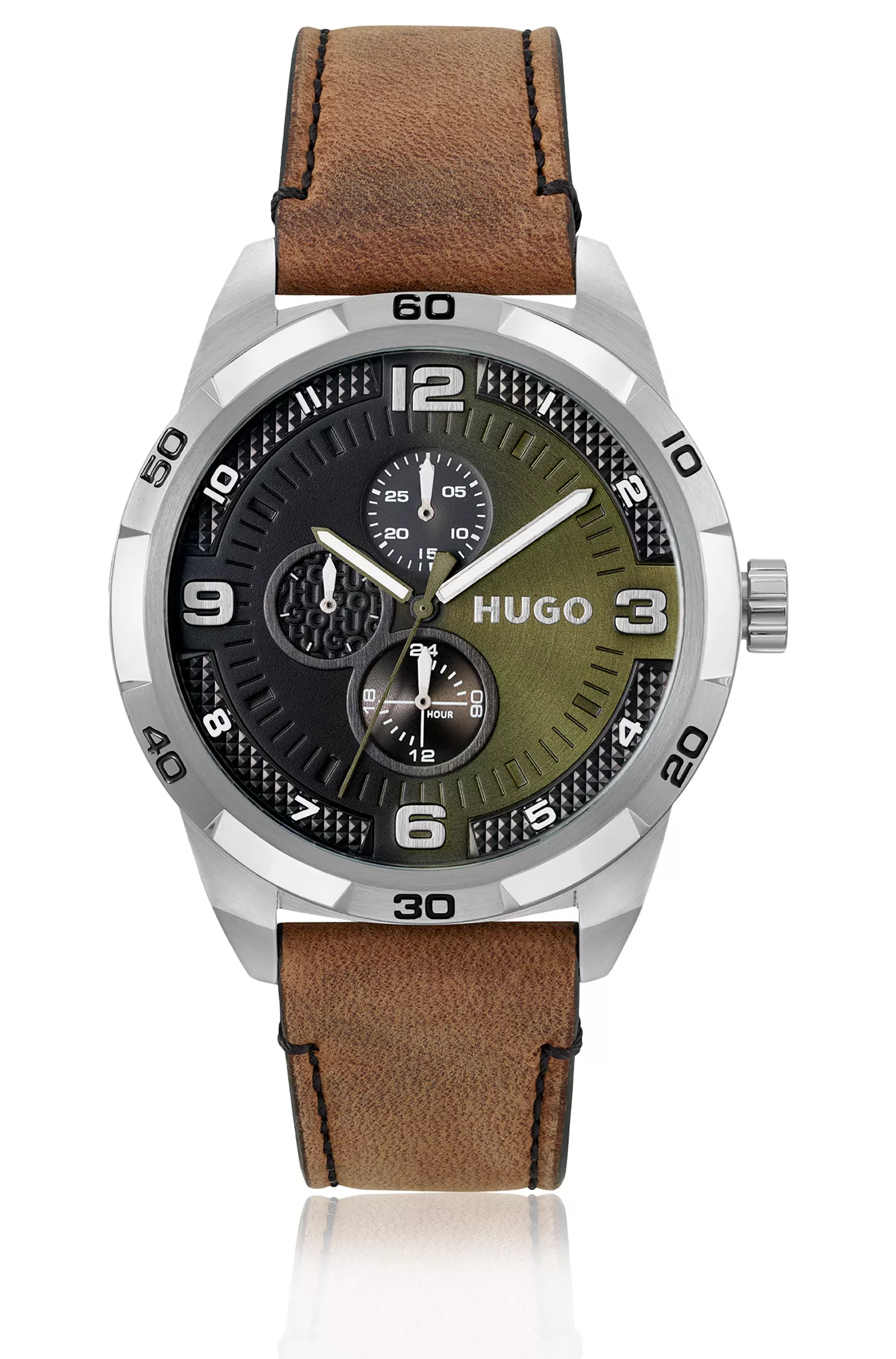 Relógio HUGO com mostrador vermelho-oliva e pulseira de couro.