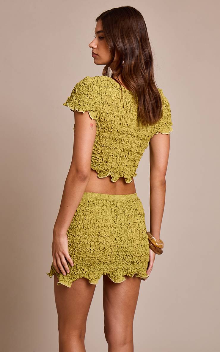 Vert Olive Haut Col Rond En Jersey Texturé Froissé