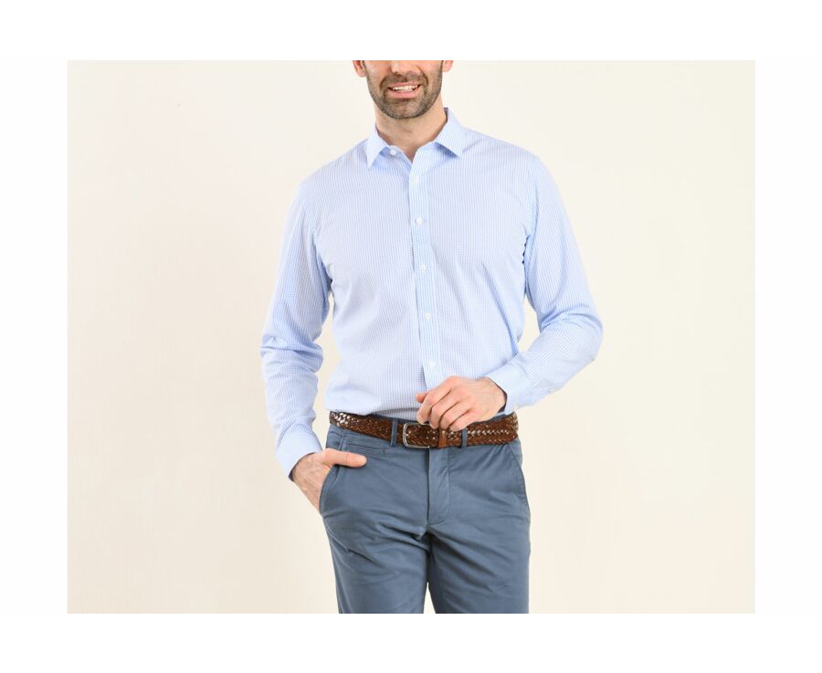 Chemise blanche à carreaux bleus clairs - Col français - ALFIERO