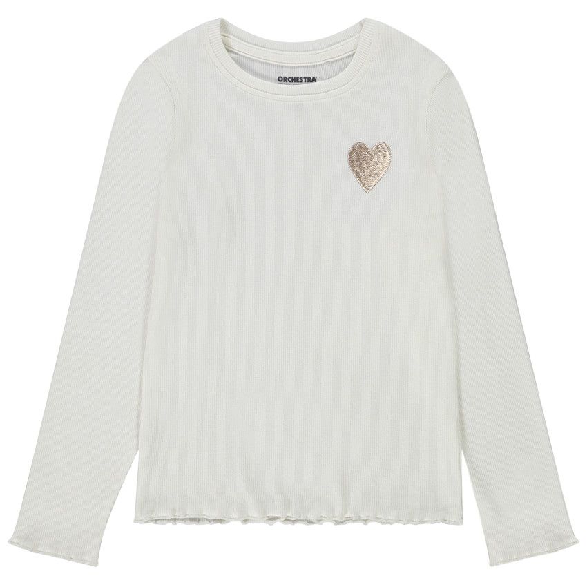T-shirt manches longues en rib broderie coeur pour fille - Ecru