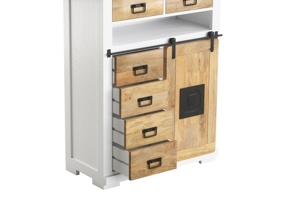 PHILL HILL Highboard LEWIS 90 x 130 x 45 cm Mango massiv/weiß/schwarz